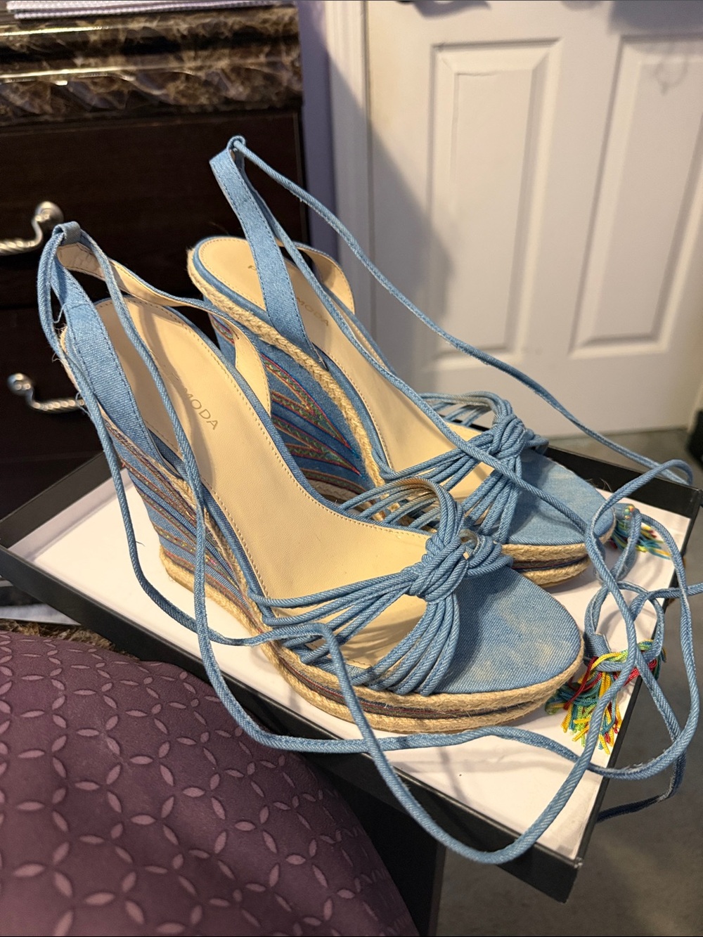 Pelle Moda Light Blue Lace-Up Espadrille Wedge Sandals